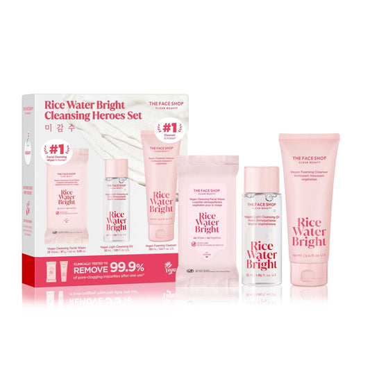 The Face Shop Rice Water Bright Cleansing Heroes Set (25-Pack Vegan Facial Wipes)